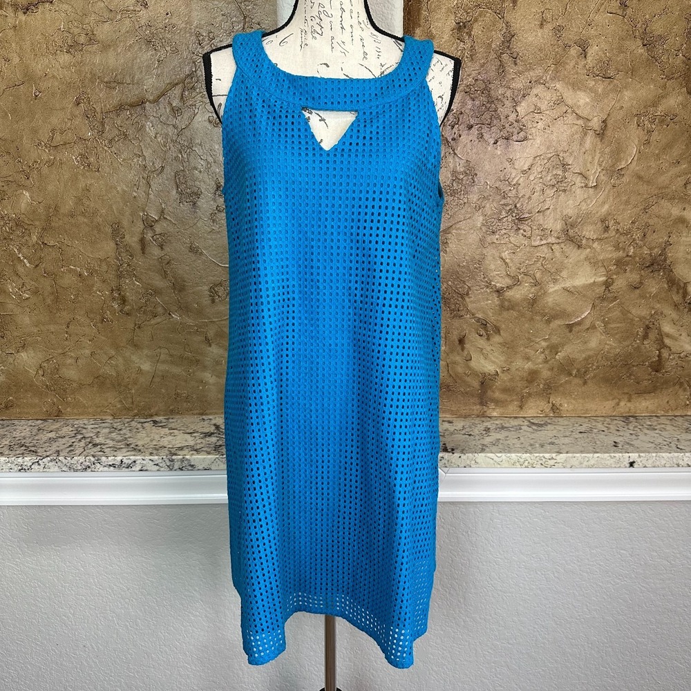 Hope & Harlow A Line Dress Sleeveless Keyhole Neck Mesh Eyelet Overlay Blue - 10